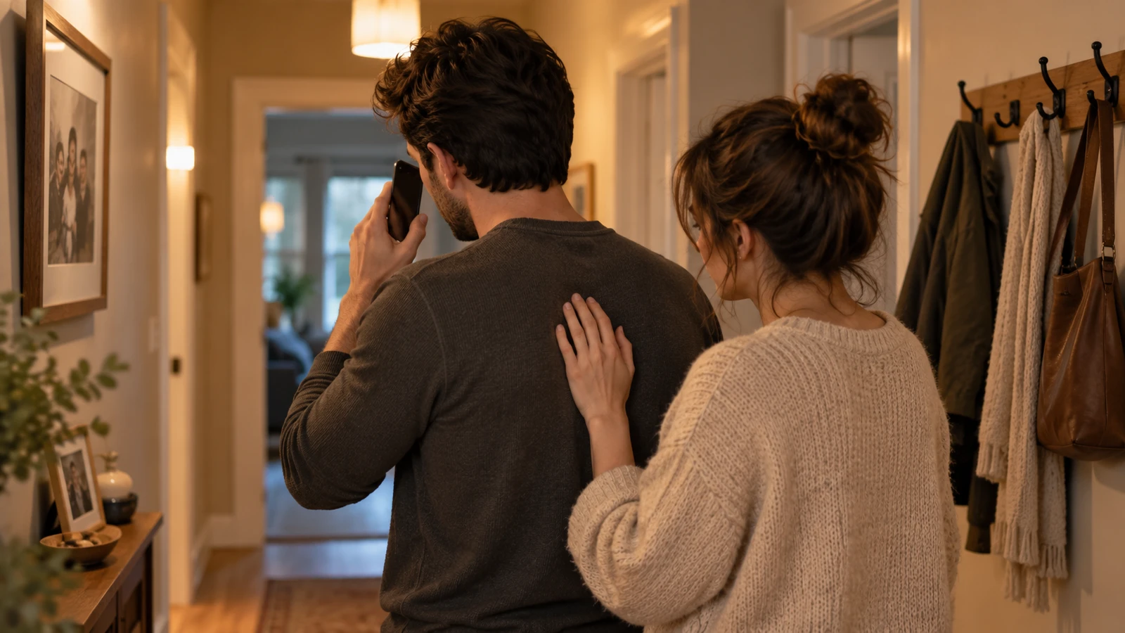 A man stands in a hallway with a phone raised partway to his ear; a woman stands close behind him with one hand resting on his back.