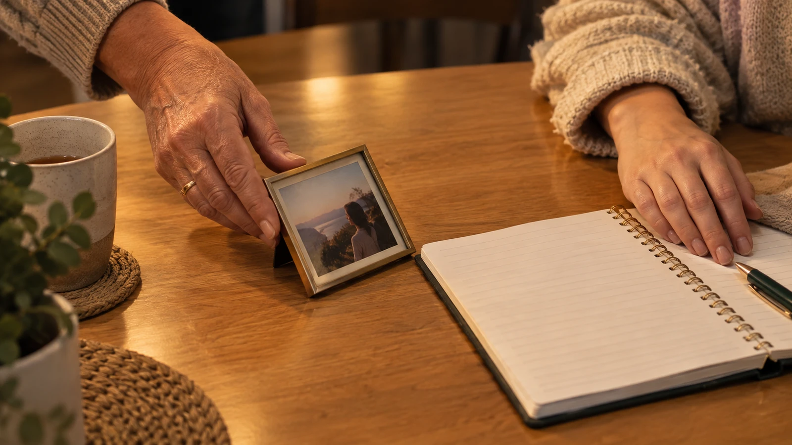 A hand sets a small framed photo down on a table close beside an open notebook, near where another hand rests.