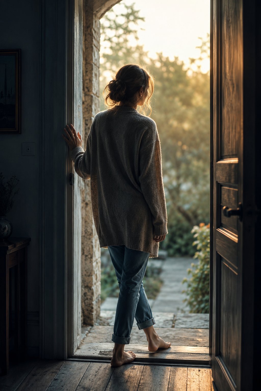 A woman stands barefoot in an open doorway, one hand on the doorframe, looking out toward warm golden garden light — the specific tension of wanting to try again after miscarriage and being terrified of what hope might cost her again