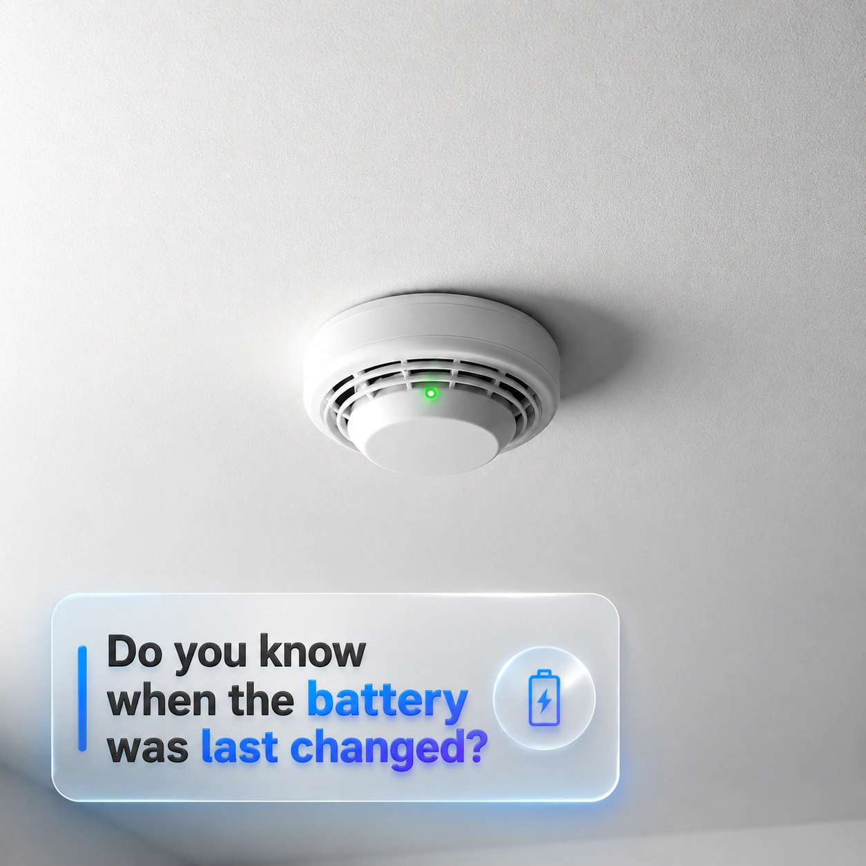Looking straight up at a white smoke detector on an off-white ceiling, its small green indicator light illuminated