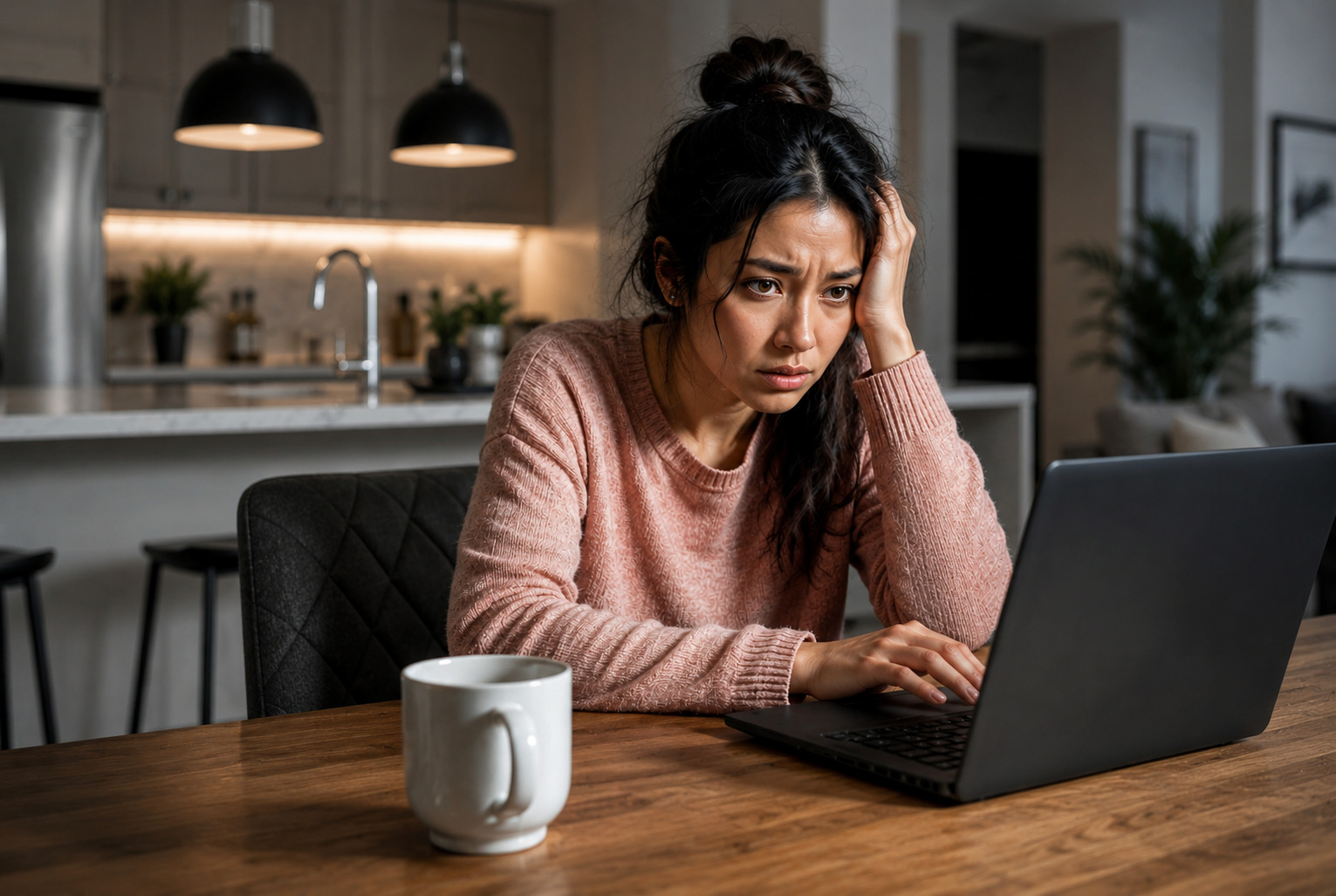 A parent alone at a kitchen table late at night, laptop open and coffee cold — the invisible weight of keeping a family running