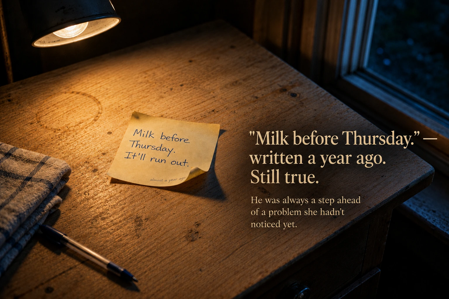 A yellowed sticky note on a kitchen counter reading "Milk before Thursday. It'll run out." with a penciled date barely visible in the corner