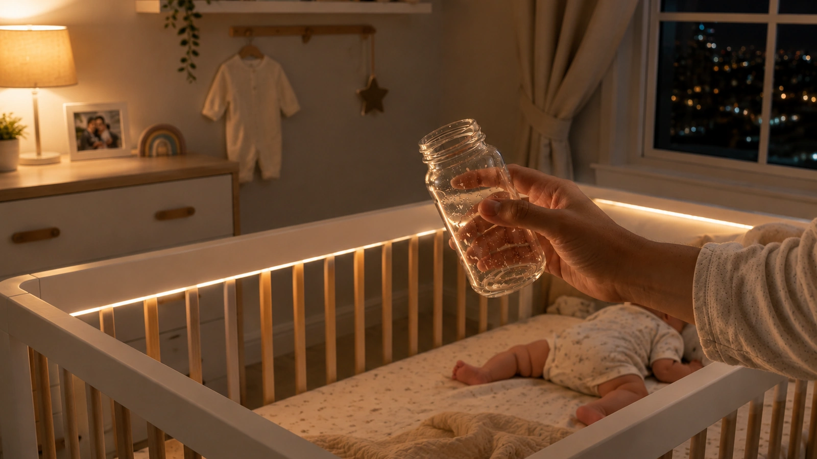 A parent's hand holding an empty bottle beside a dark crib rail at night
