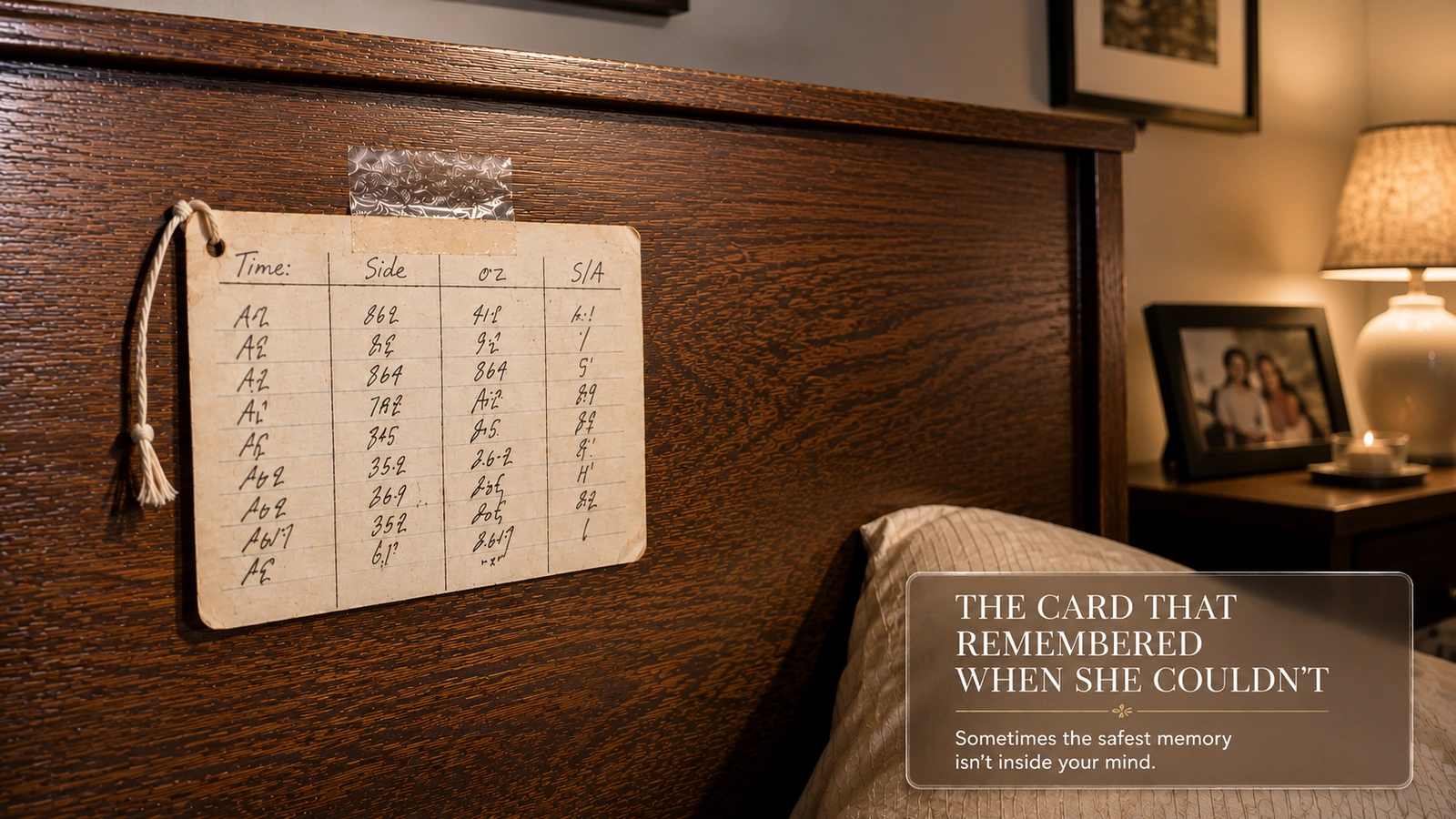 A handwritten feeding log taped to a headboard on a string.