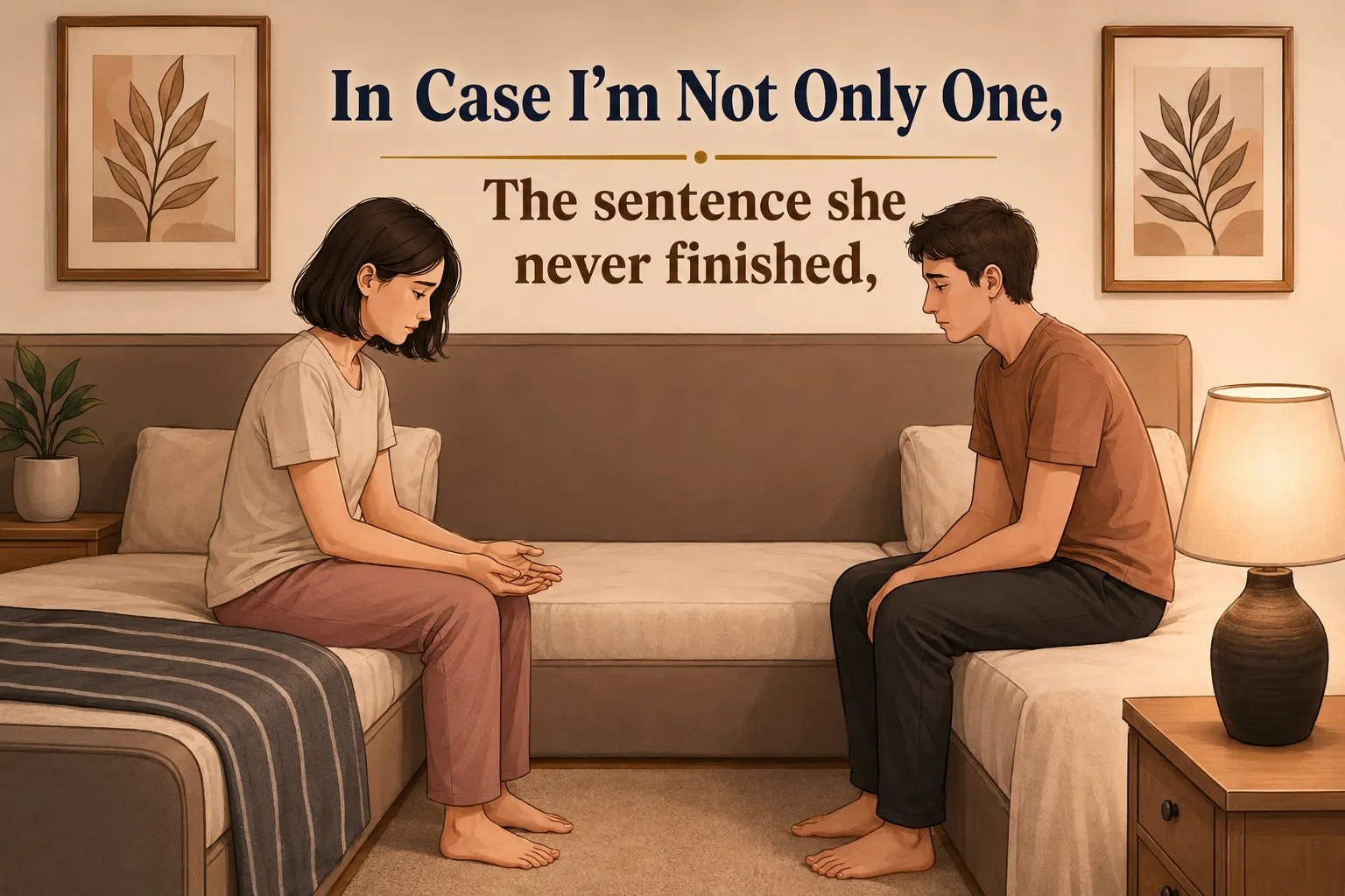 Two people sitting on opposite beds at night, not touching, a lamp still lit between them