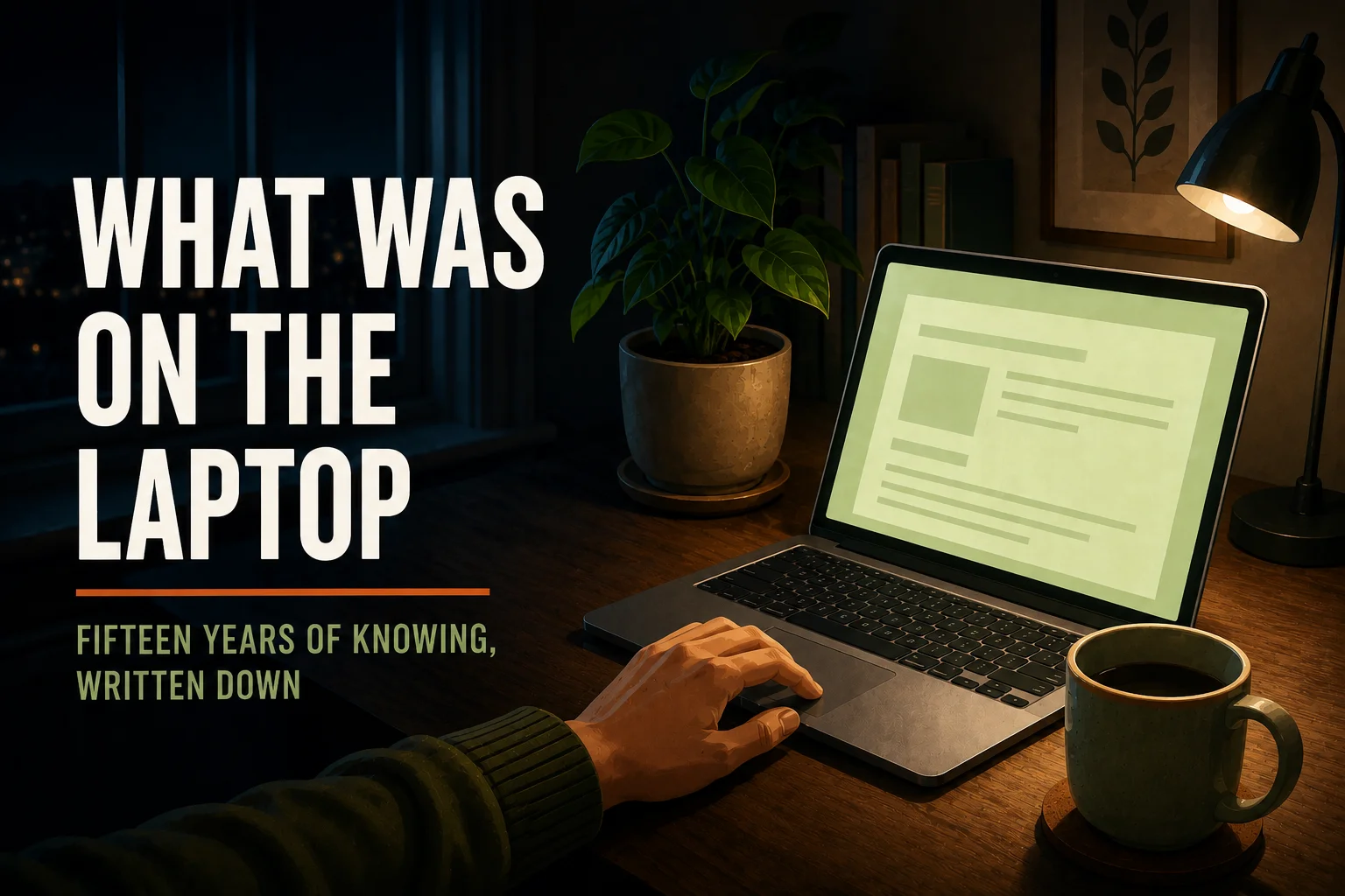 A laptop glowing in a dark room beside a cold cup of coffee, open to a document of fifteen years of household knowledge