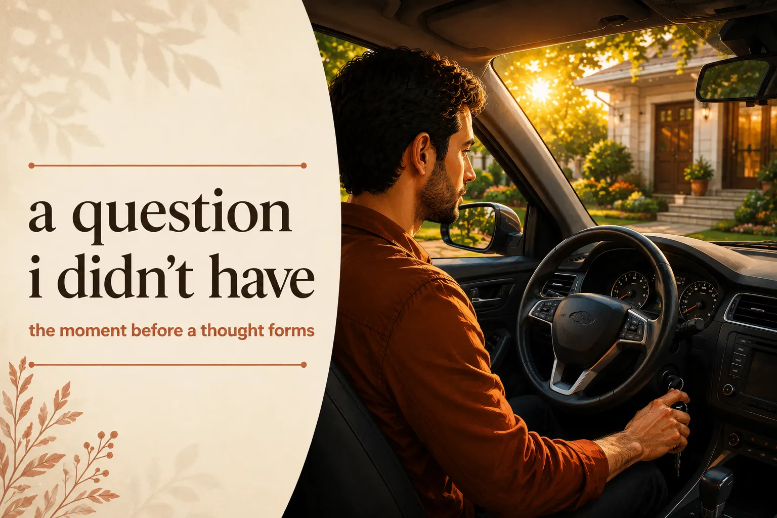 A man sitting in a parked car in a driveway at sunset, hand on the key, not yet turning it — a question he didn't have