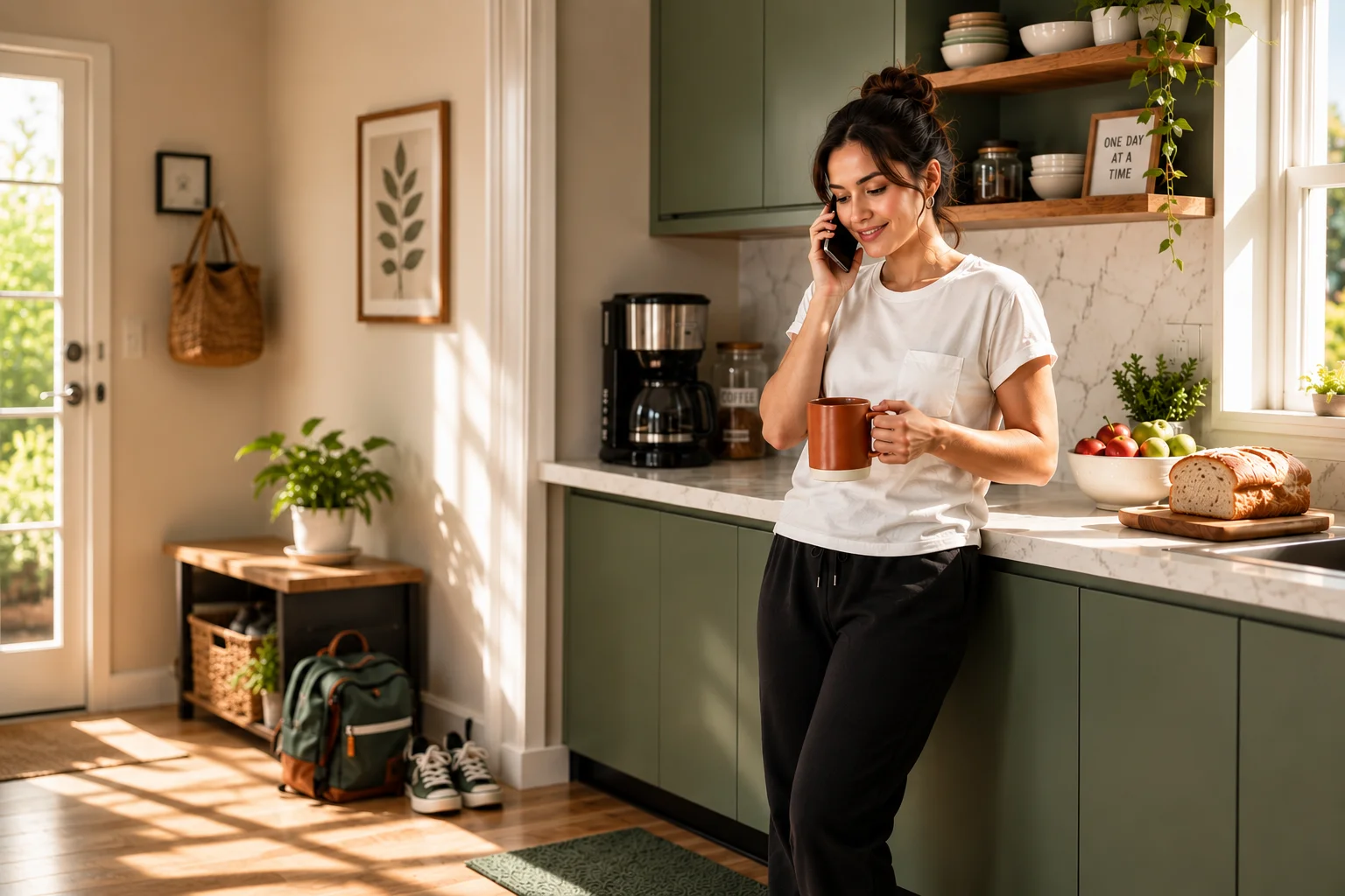 A mother on the phone in a sunlit kitchen, coffee in hand, backpack and shoes already by the door
