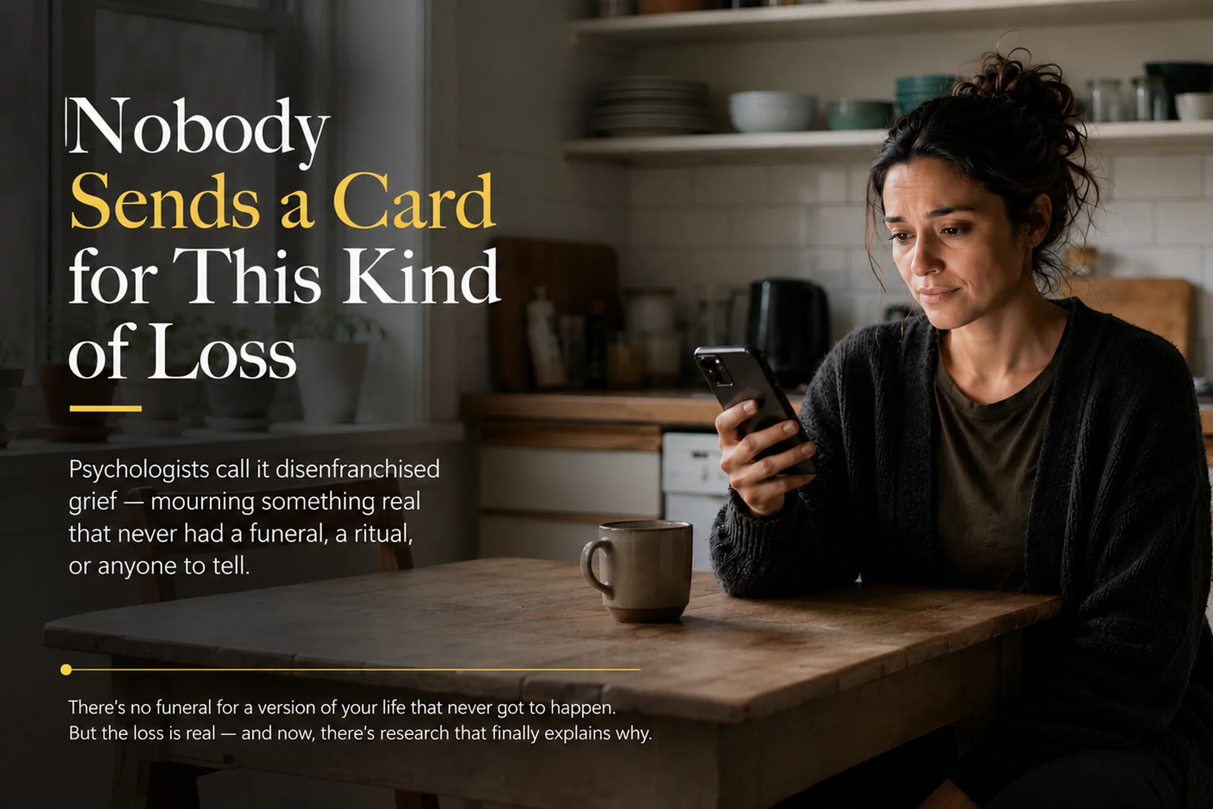 A woman sits alone at a wooden kitchen table looking at her phone, an empty mug beside her, with the headline text 'Nobody Sends a Card for This Kind of Loss' overlaid on the image