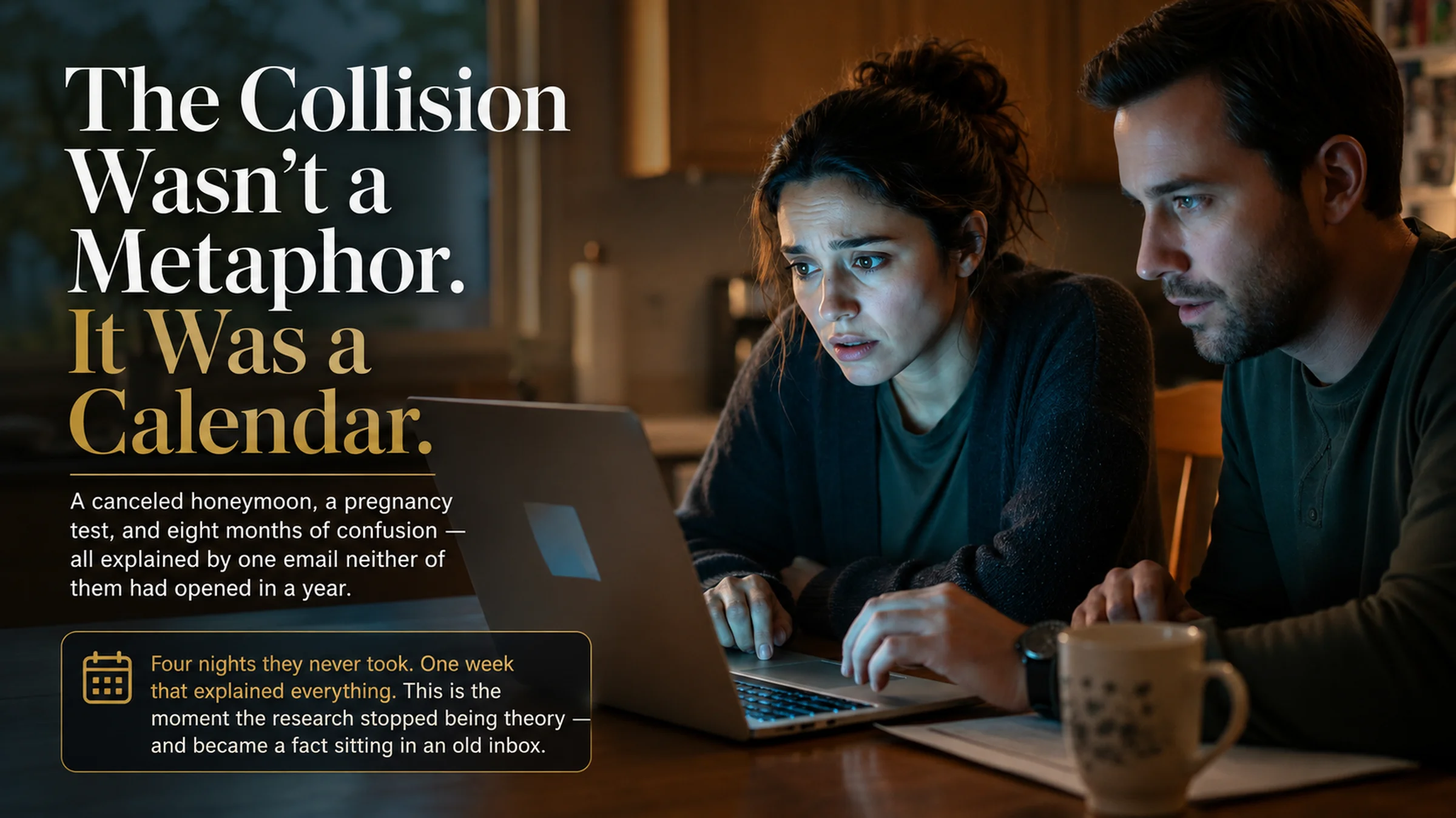 A man and woman lean together over an open laptop at a kitchen table at night, reading an old email, with the headline text 'The Collision Wasn't a Metaphor. It Was a Calendar.' overlaid on the image