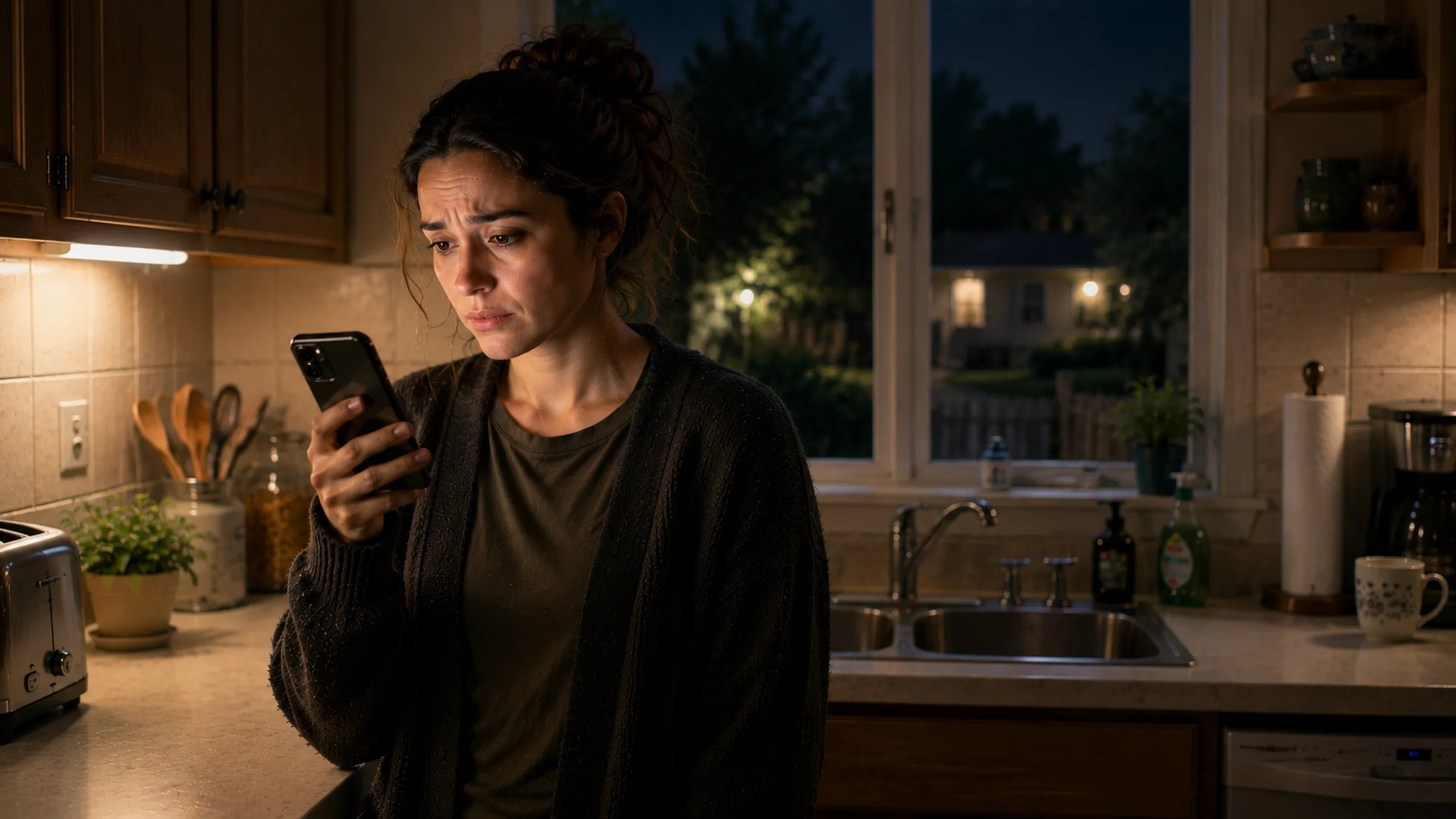 A woman stands alone at night in a dim kitchen, holding up her phone to compare a wedding photo with her own reflection in the dark window above the sink