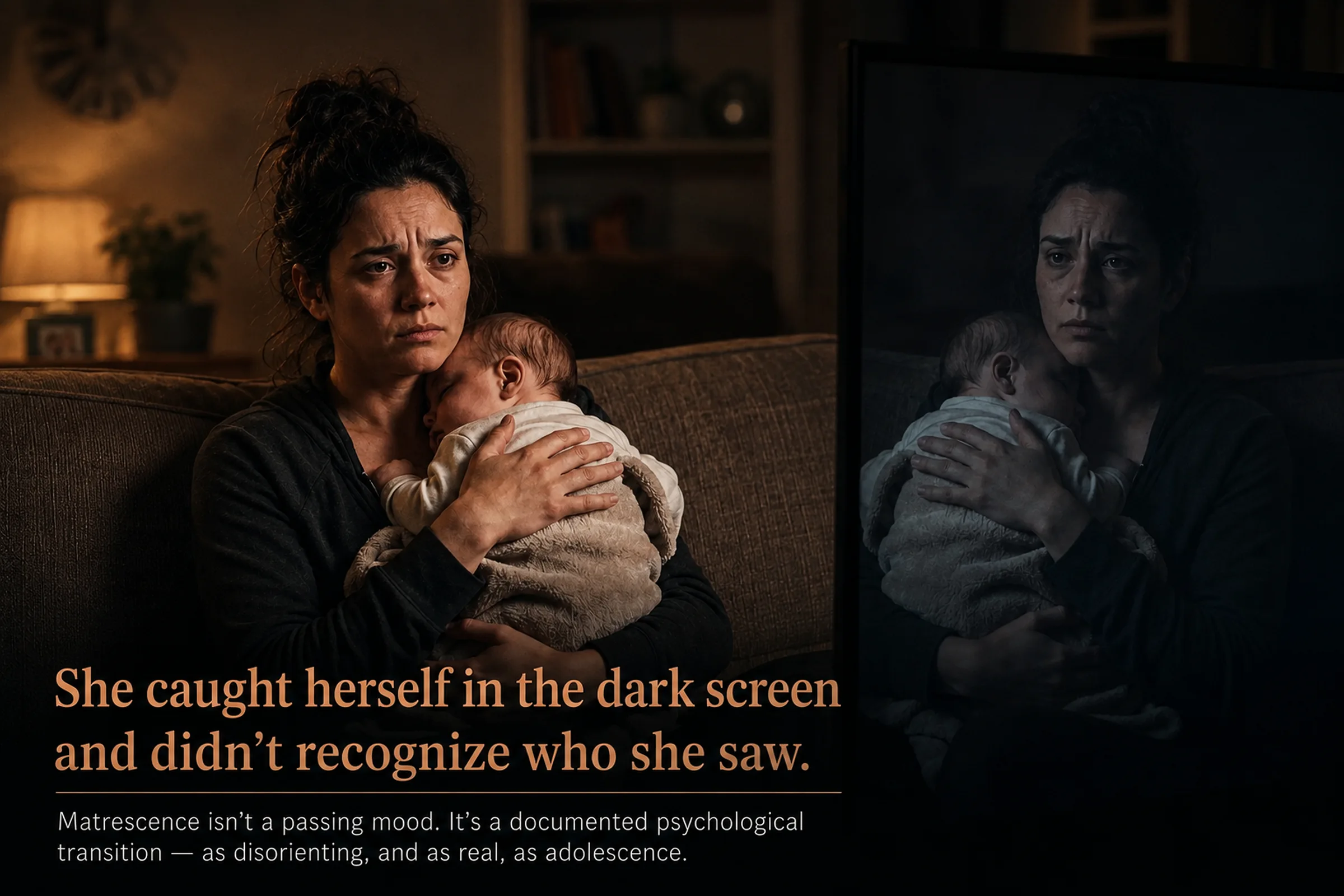 A woman sits on a couch holding a sleeping infant, her reflection faintly visible in the dark screen of a turned-off television facing her, with the headline text 'She Caught Herself in the Dark Screen and Didn't Recognize Who She Saw' overlaid on the image