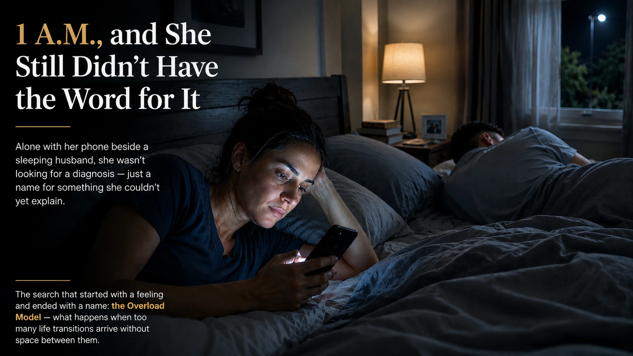 A woman lies awake in bed at night, her face lit by her phone screen, beside her sleeping husband, with the headline text '1 A.M., and She Still Didn't Have the Word for It' overlaid on the image