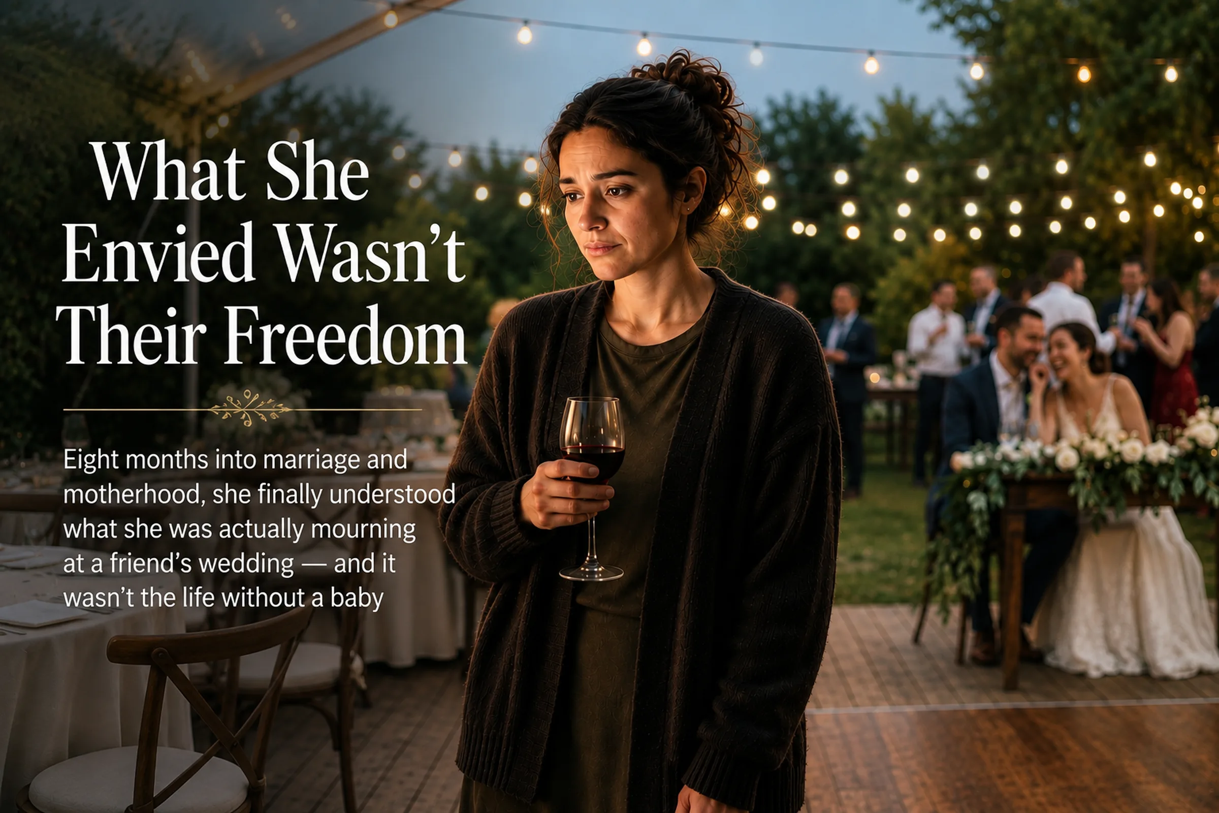 A woman stands apart at an evening wedding reception under string lights, holding a glass of wine, watching a newlywed couple at a nearby table, with the headline text 'What She Envied Wasn't Their Freedom' overlaid on the image