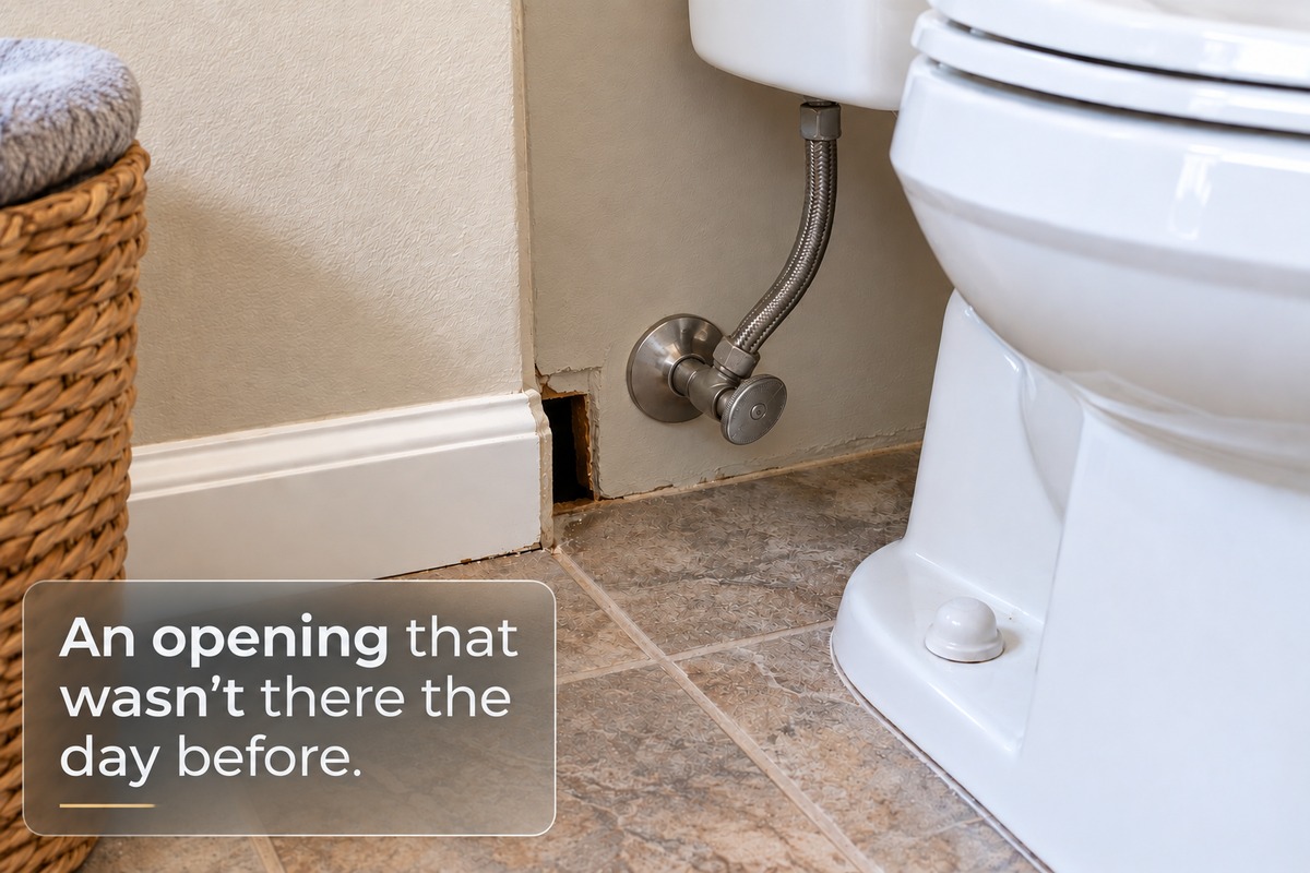 Close view of a small unexplained gap along a bathroom wall near the floor, beside ordinary plumbing fixtures, in daylight