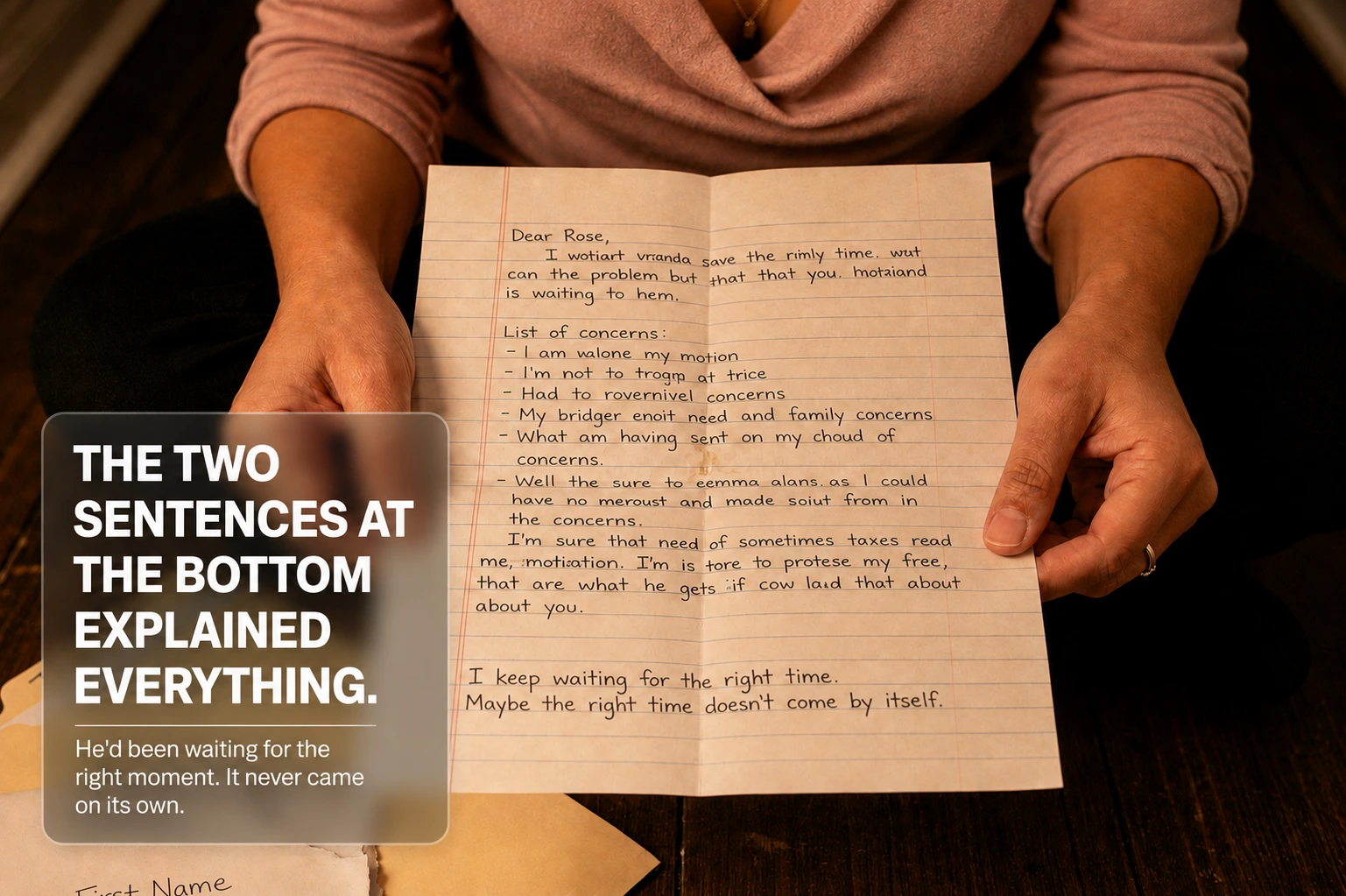 Two hands hold an unfolded handwritten letter, the final lines reading "I keep waiting for the right time. Maybe the right time doesn't come by itself."