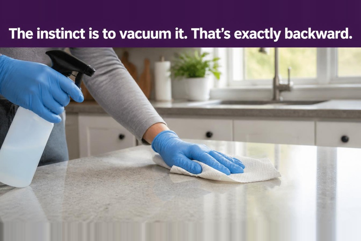 Gloved hands wiping down a kitchen counter with a spray bottle and paper towel in daylight