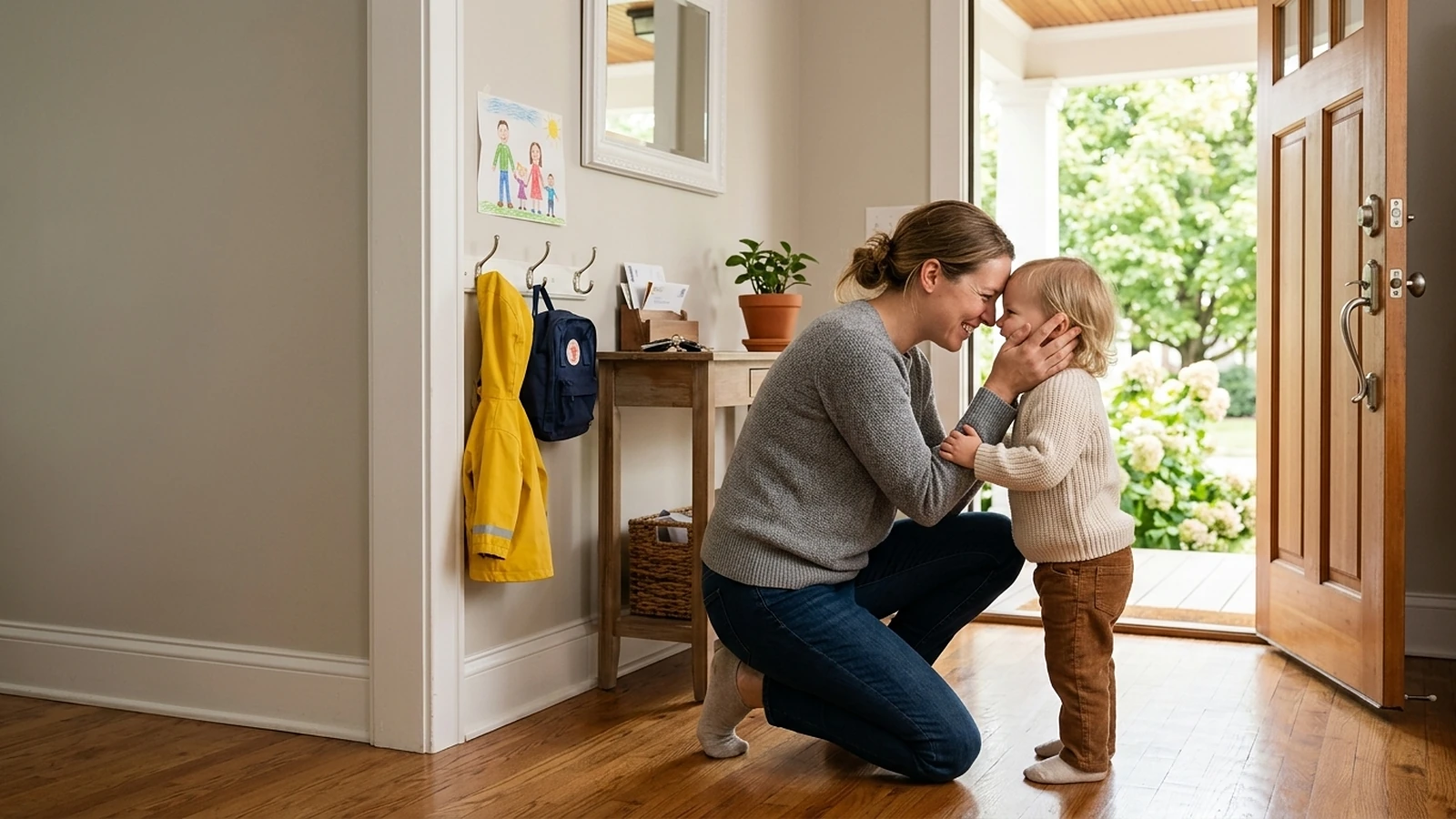 A mother kneels forehead-to-forehead with her laughing toddler at an open front door, cupping the toddler's cheek in one hand while the toddler holds her wrist, with coat hooks, a child's drawing and a console table behind them and a sunlit porch and garden visible outside.