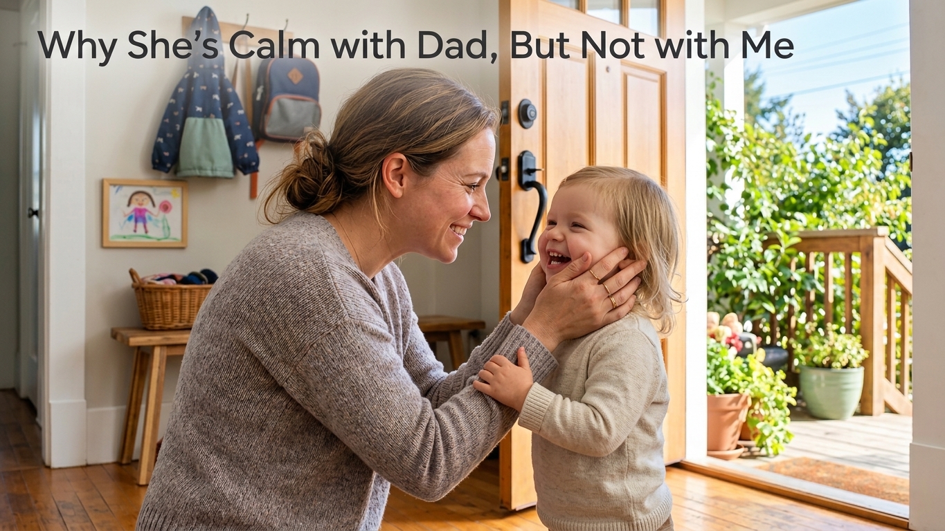 A smiling mother leans in at an open front door and holds her laughing toddler's face in both hands, with a coat, a backpack and a child's drawing on the wall behind them and a sunlit porch outside. Text across the top reads "Why She's Calm with Dad, But Not with Me".